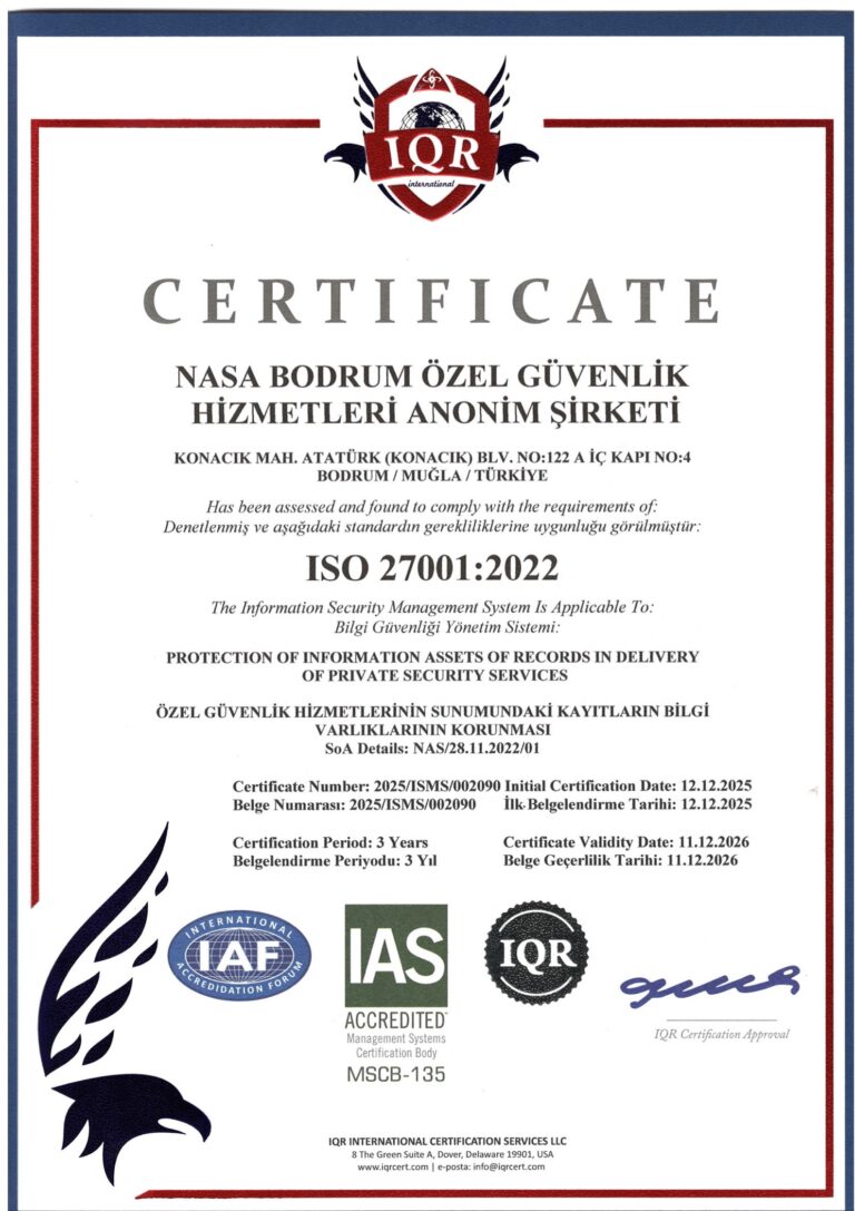 NASA Bodrum Özel Güvenlik ISO 27001:2022 Bilgi Güvenliği Yönetim Sistemi sertifikası, geçerlilik 11 12 2026