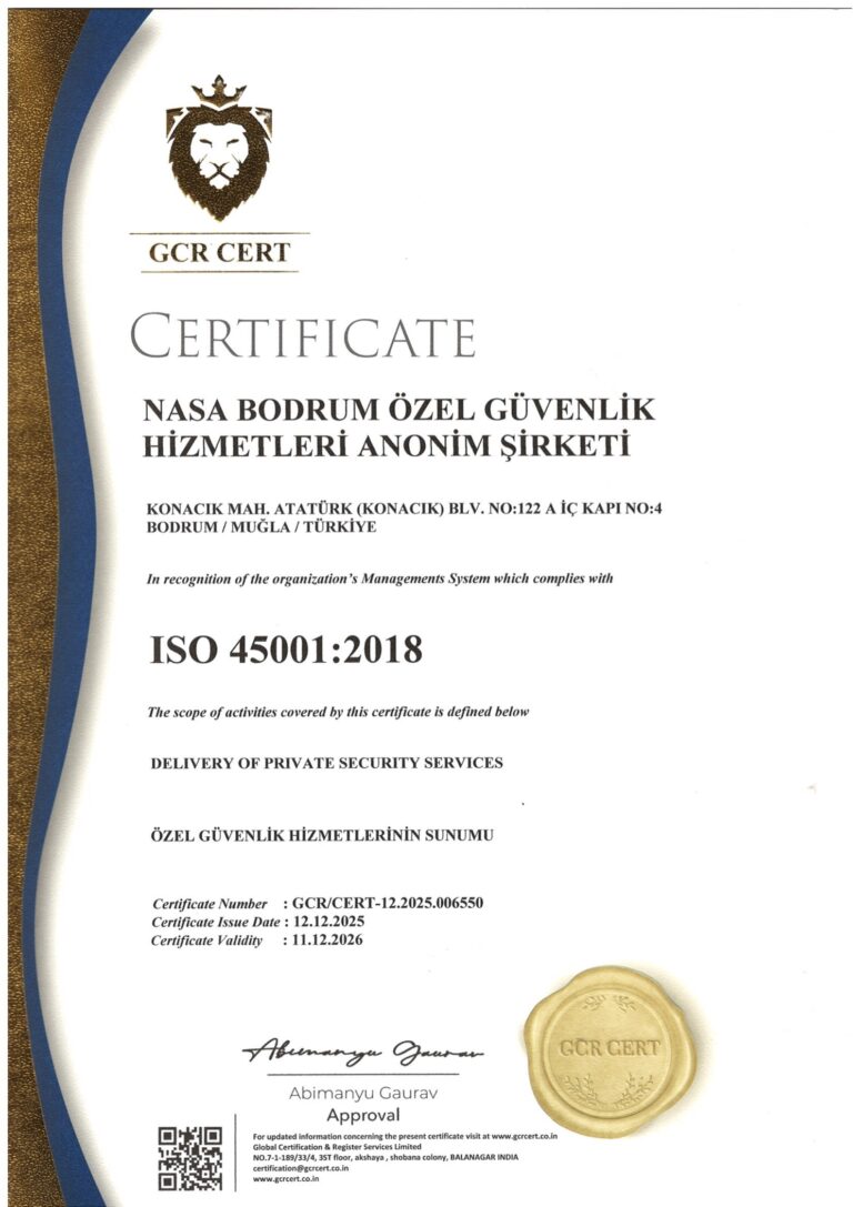 NASA Bodrum Özel Güvenlik ISO 45001:2018 İş Sağlığı ve Güvenliği Yönetim Sistemi sertifikası, geçerlilik 11 12 2026