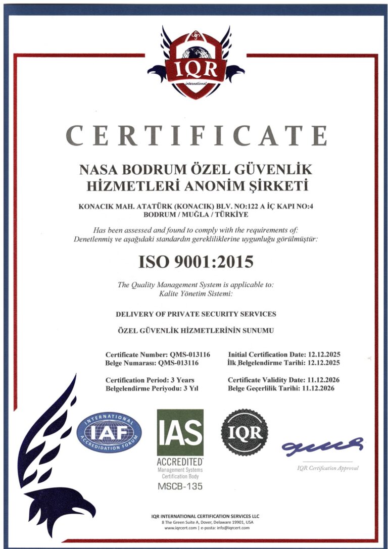 NASA Bodrum Özel Güvenlik ISO 9001:2015 Kalite Yönetim Sistemi sertifikası, geçerlilik 11 12 2026